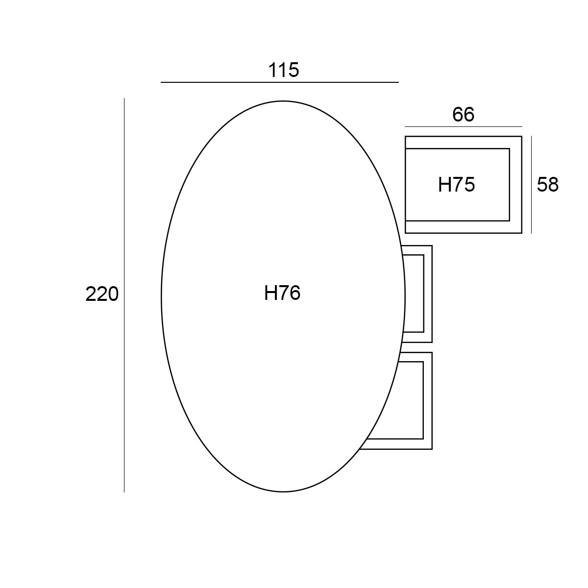 Diagram met afmetingen van een ovale tafel en twee rechthoeken. Witte achtergrond.