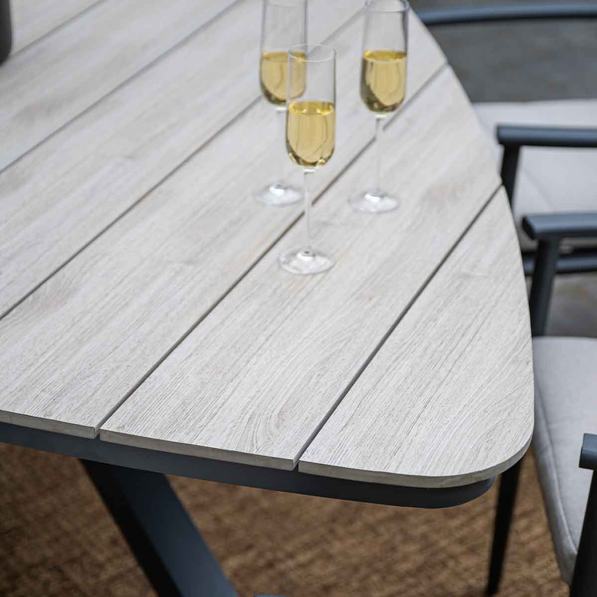 Close up of a table corner with three glasses of wine. Outdoor setting.