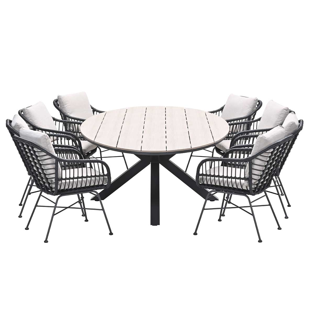 Ronde tafel met zes stoelen. Stoelen hebben grijze zittingen en zwarte frames. Witte achtergrond.