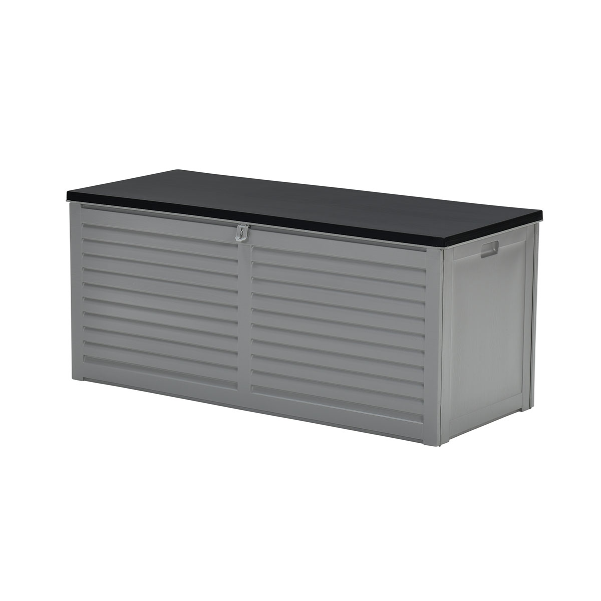 Coffre de rangement gris avec dessus noir. Fond blanc.