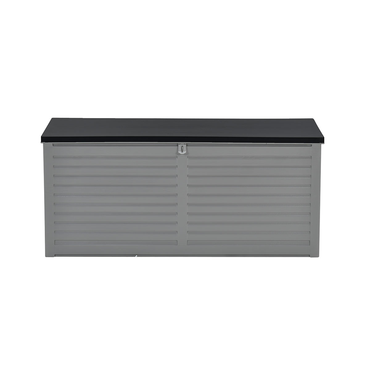 Un coffre de rangement gris avec des lignes horizontales et un couvercle noir.