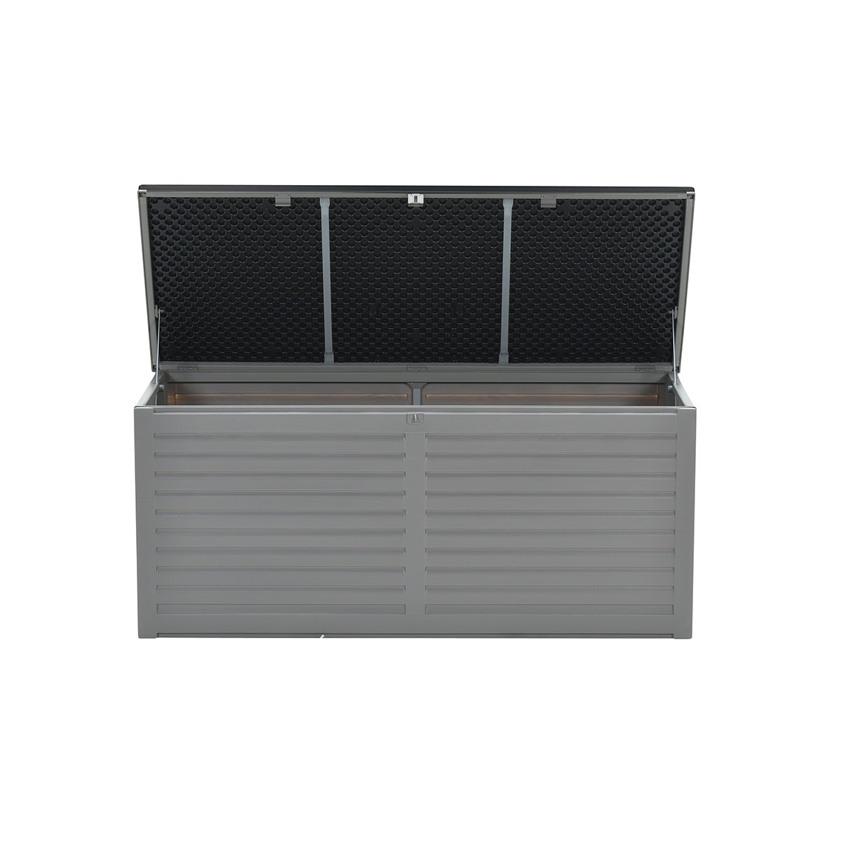 Coffre de rangement gris avec couvercle ouvert, montrant l'intérieur noir, isolé.