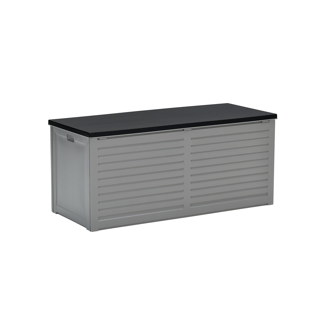 Coffre de rangement gris avec lignes horizontales et couvercle noir.