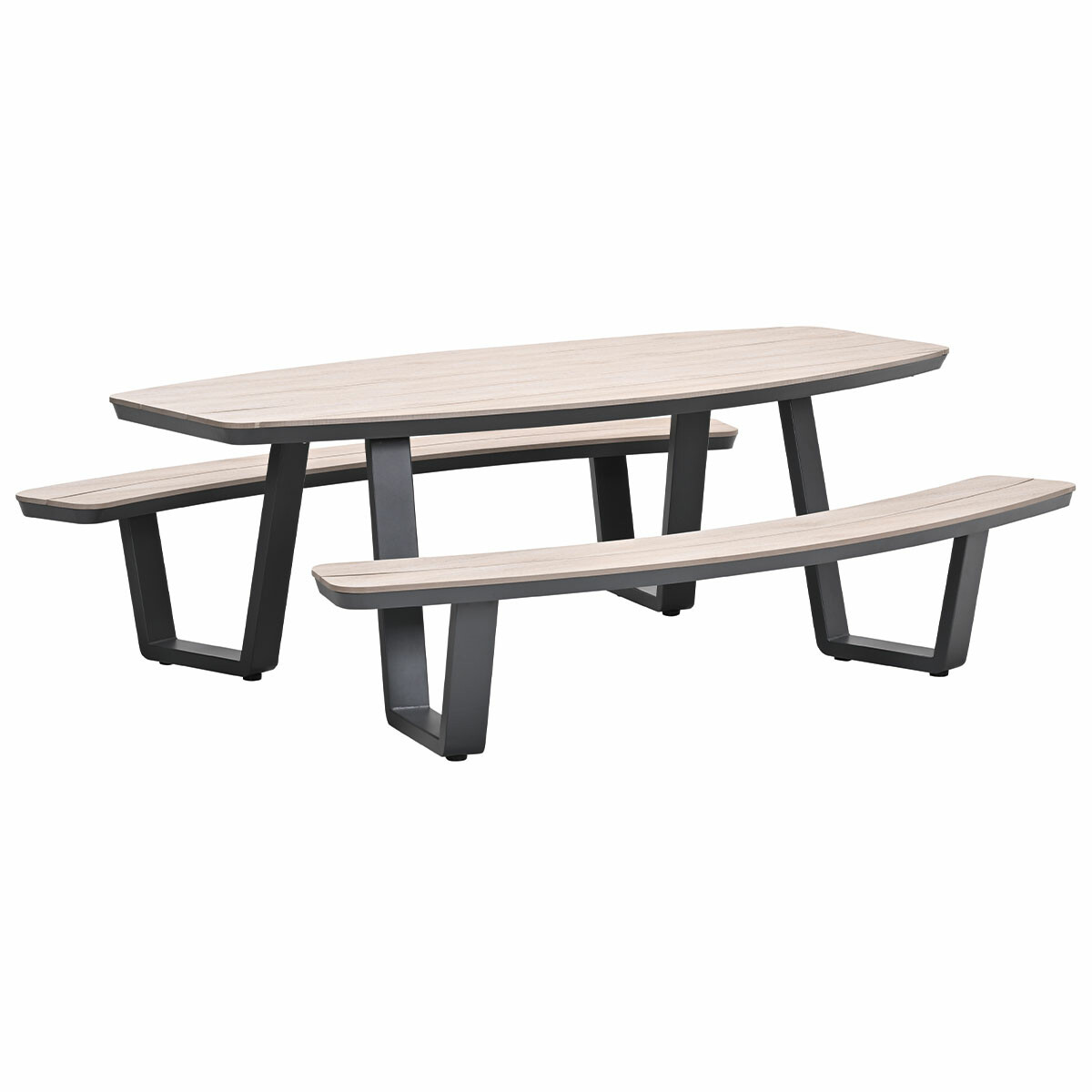 Wooden picnic table with gray metal legs and benches.