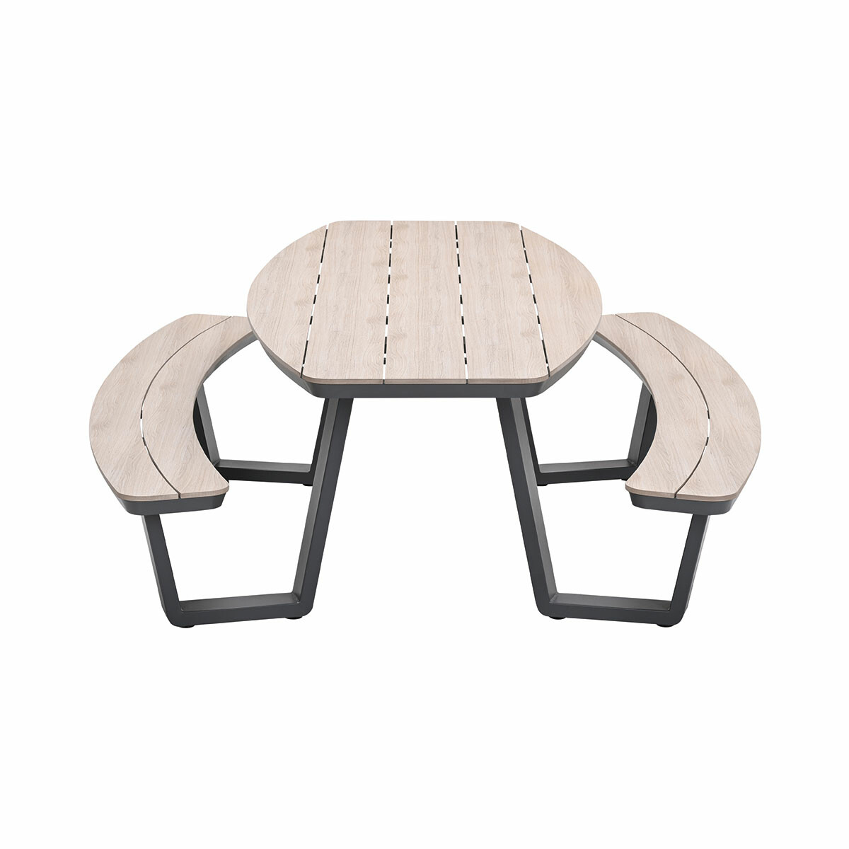 Picnic table with benches and a light wood table top.