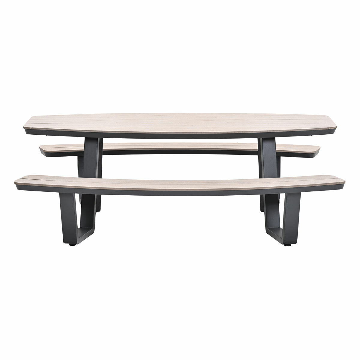 Picnic table with two benches. Light wood top with gray legs and frame. White background.