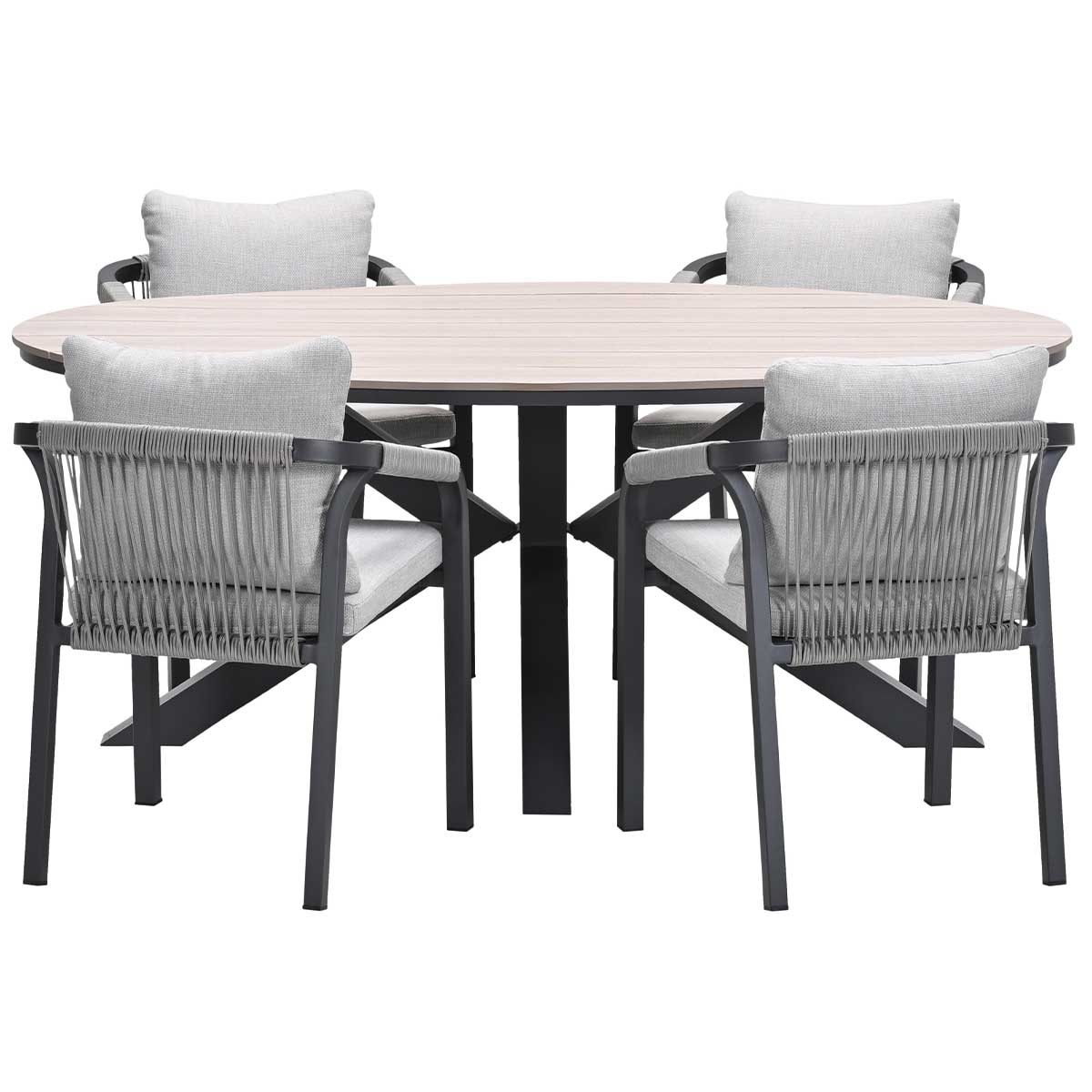 Eetset voor buiten: ovale tafel met vier stoelen. Stoelen hebben grijze kussens en rugleuningen.