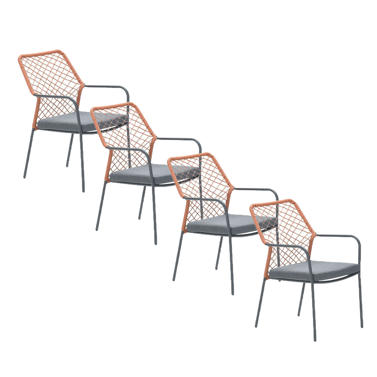 Four outdoor chairs. They have gray seats and backs, orange and brown woven backs, and gray metal frames.