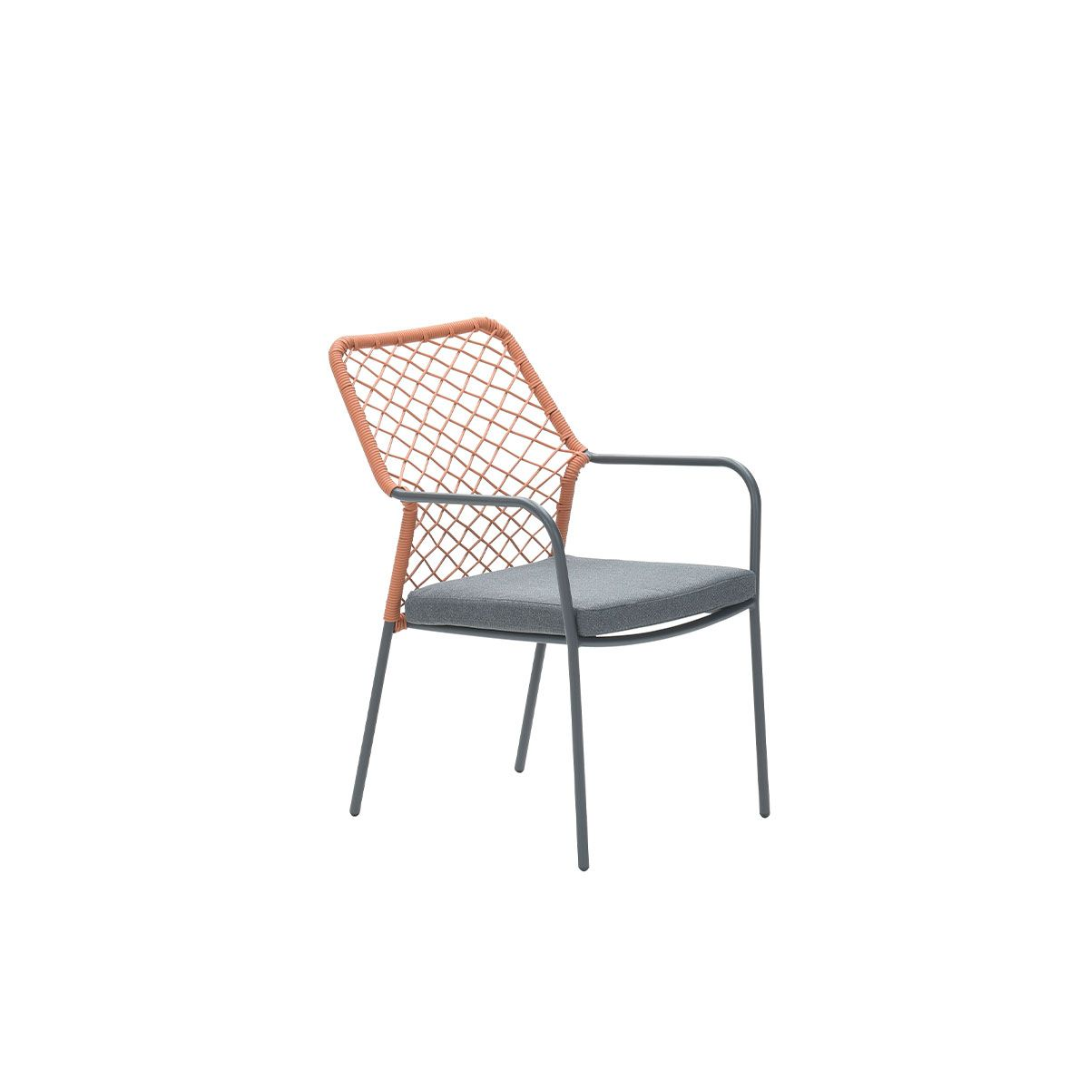 A chair with a gray cushion and a reddish-orange net back. Gray frame.