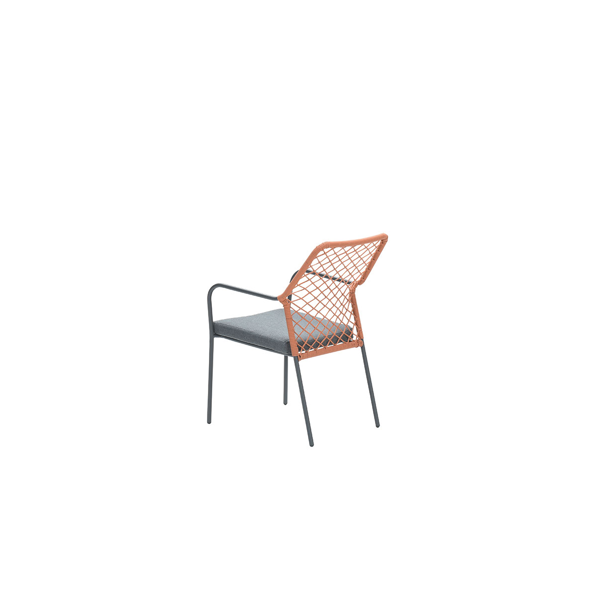 Outdoor chair with gray seat and back, orange and brown woven back, and gray metal frame, against white background.