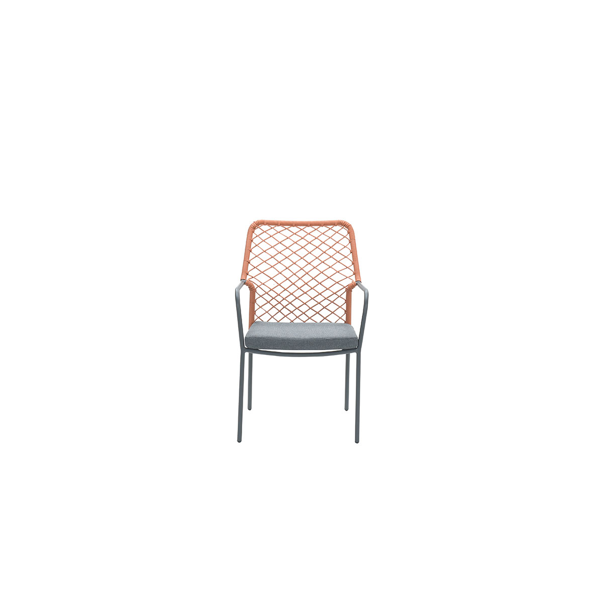 Chair with orange rope netting back and gray cushion. White background.