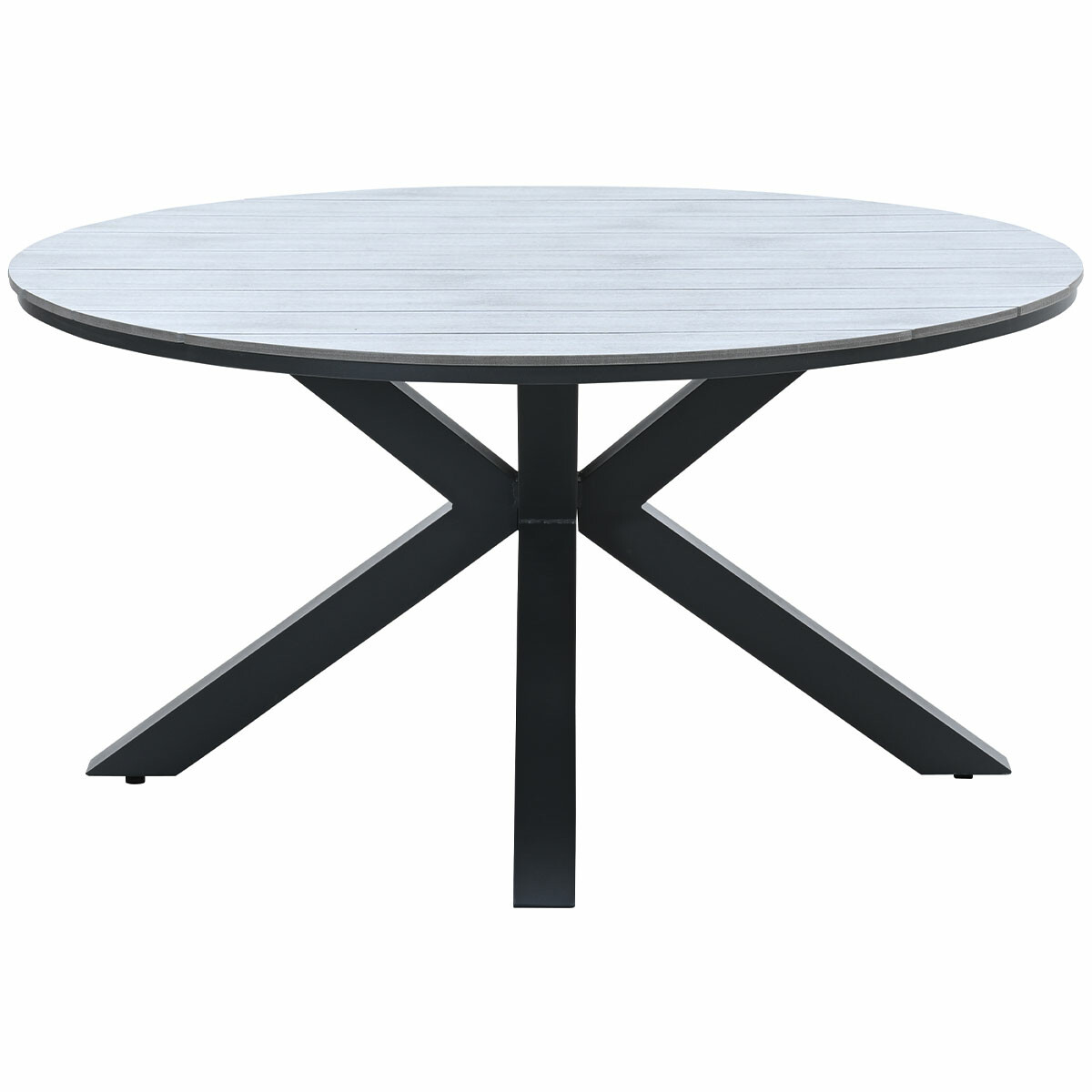 Ronde buitentafel. Grijs tafelblad met donkergrijze poten. De poten vormen een ster.