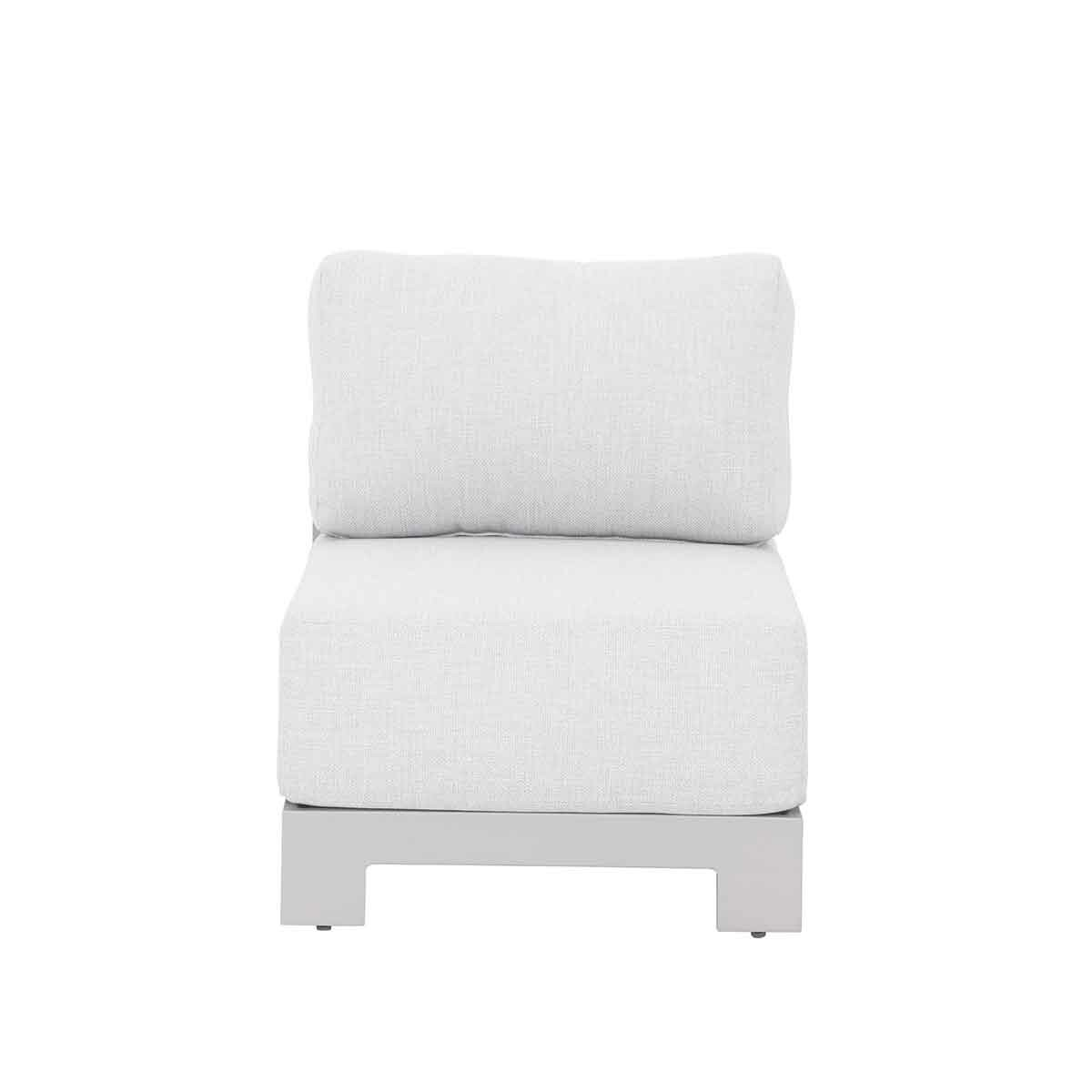 White cushioned outdoor chair with gray frame. White background.