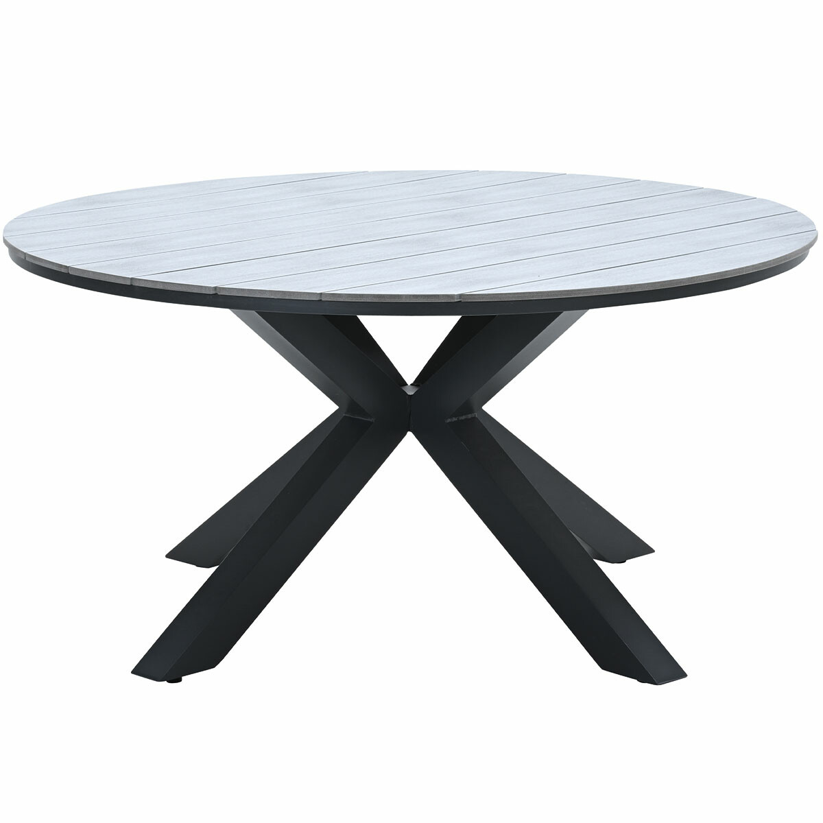 Ronde tafel met een grijze latten top en zwarte kruispoten. Geïsoleerd op wit.