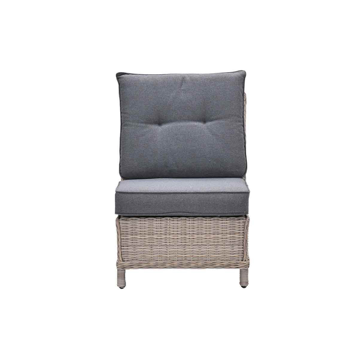 A gray chair with a woven base and back, gray cushions and a white background.