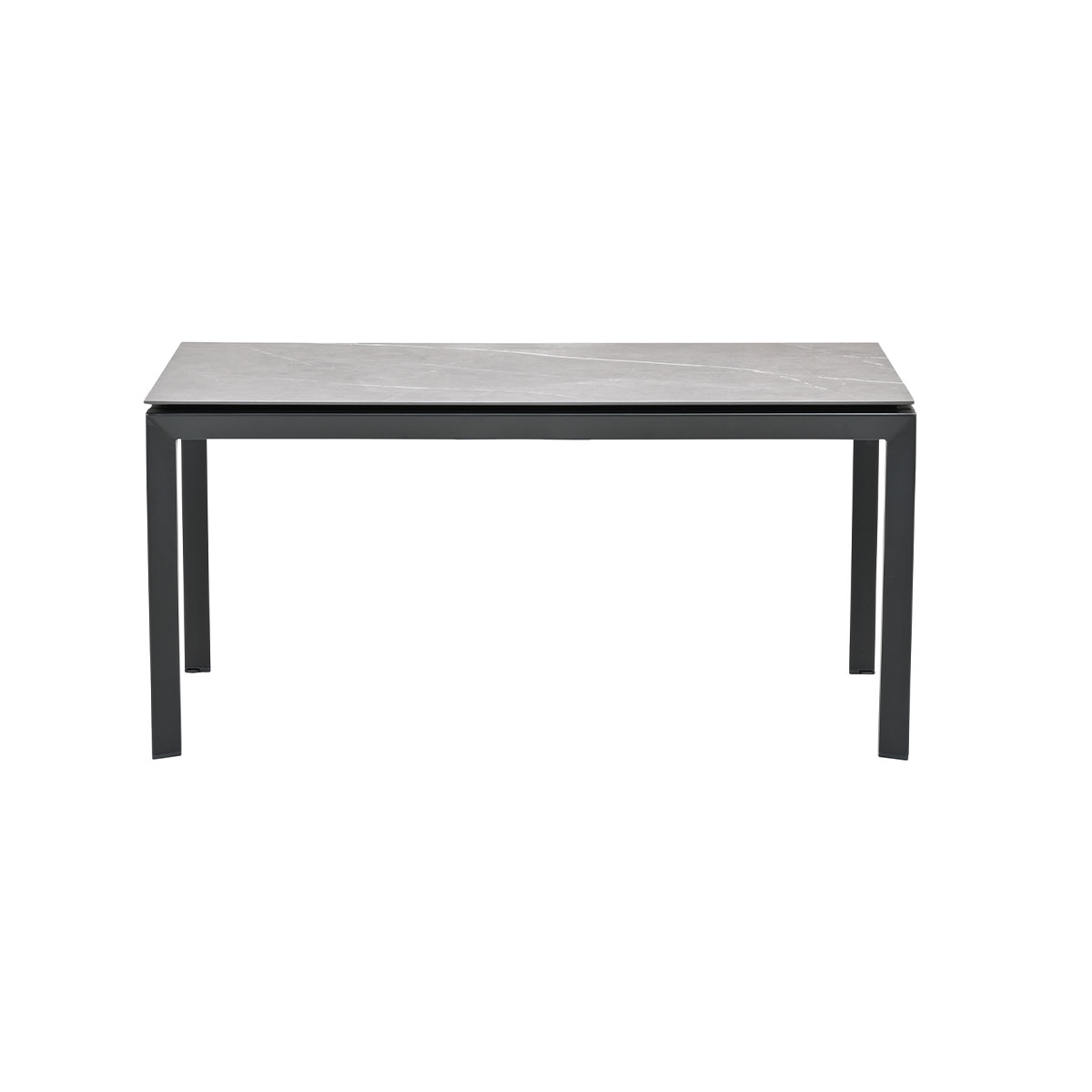 Grijze rechthoekige buitentafel met een donker frame. Geïsoleerd op een witte achtergrond.