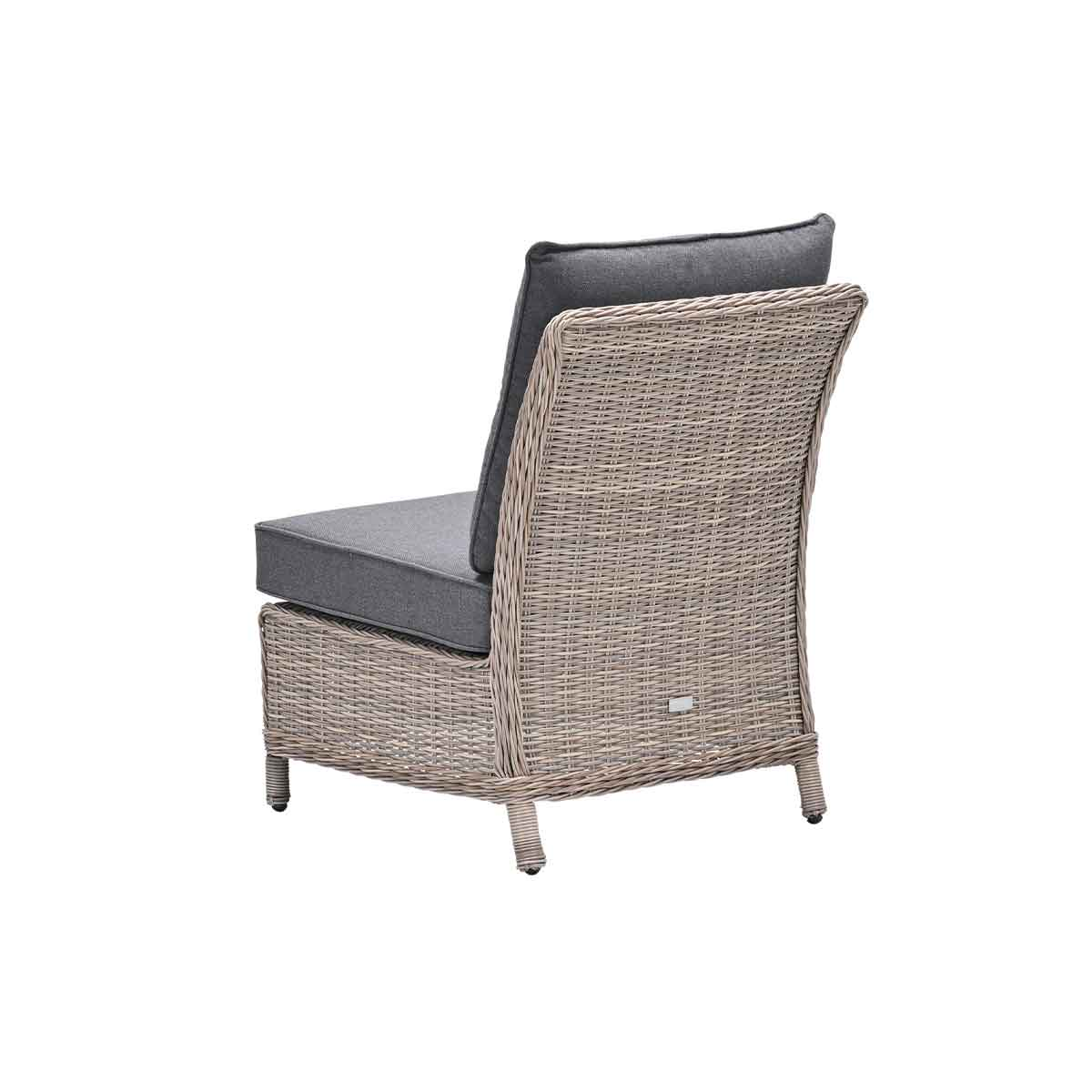 Back view of a gray wicker chair with a gray cushion. White background.