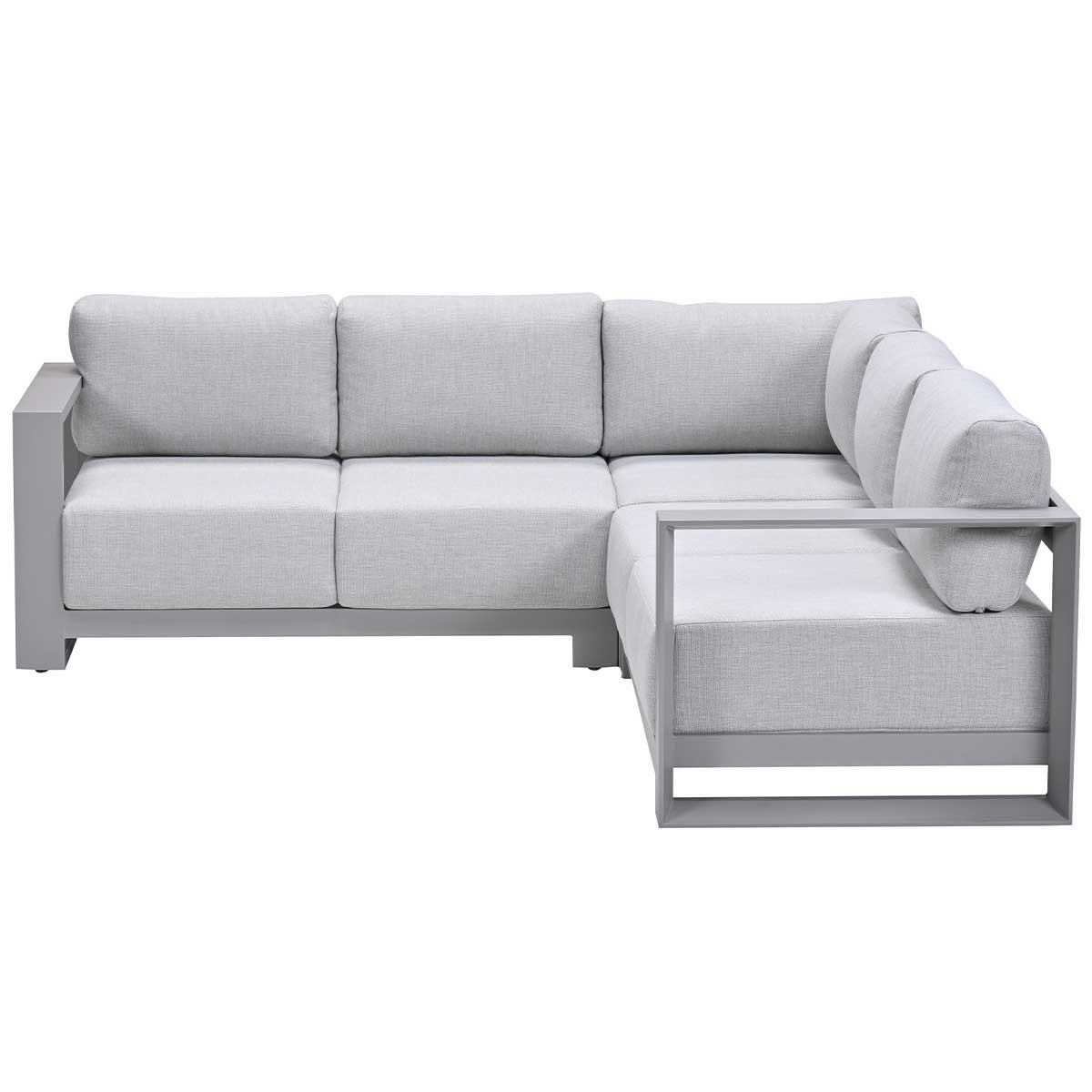L-shaped outdoor sectional sofa with light grey cushions and a grey frame. 