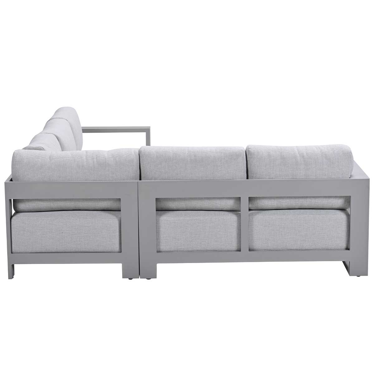 Grey outdoor sectional sofa. The sofa has light grey cushions and a grey frame.