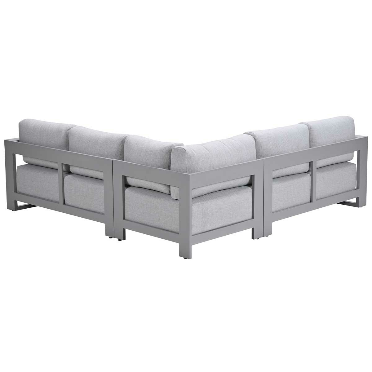 L-shaped gray sectional sofa. Gray cushions, gray frame.