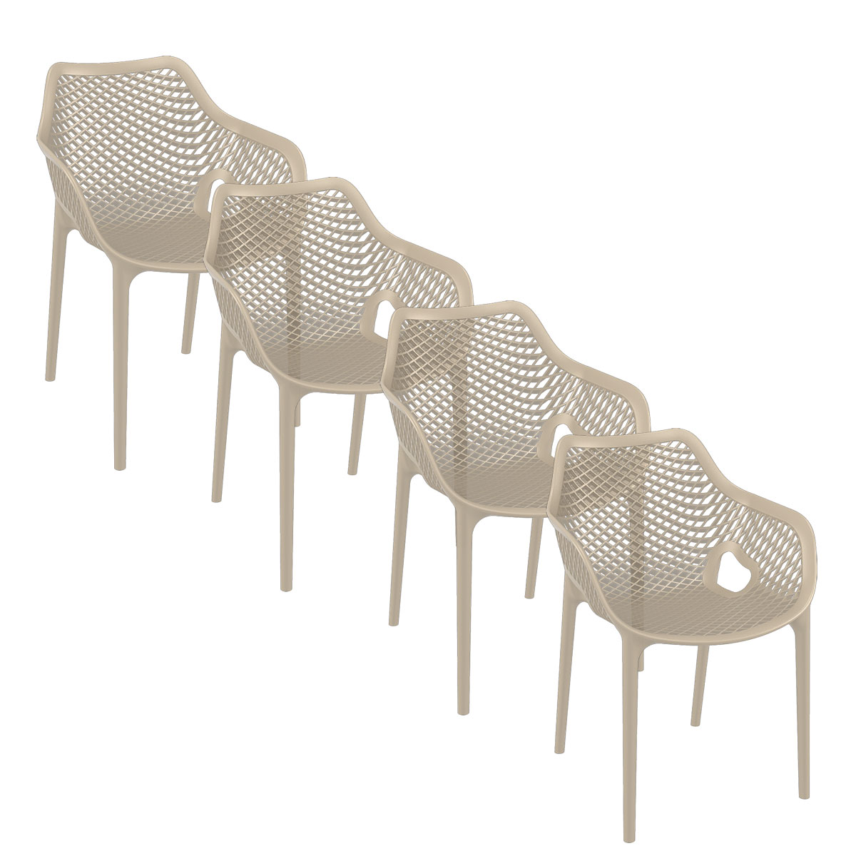 Quatre chaises beiges. Elles ont un design en maille et des dossiers incurvés.