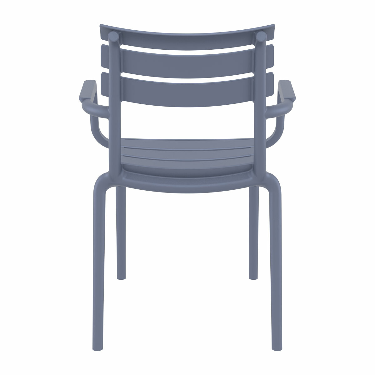 Back view of a blue-gray chair. The chair has armrests and a slatted back.