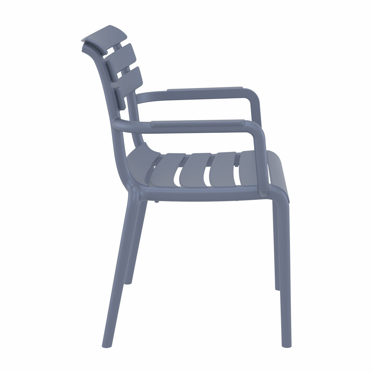Profil latéral d'une chaise bleu-gris. Elle a des accoudoirs et un dossier à lattes.