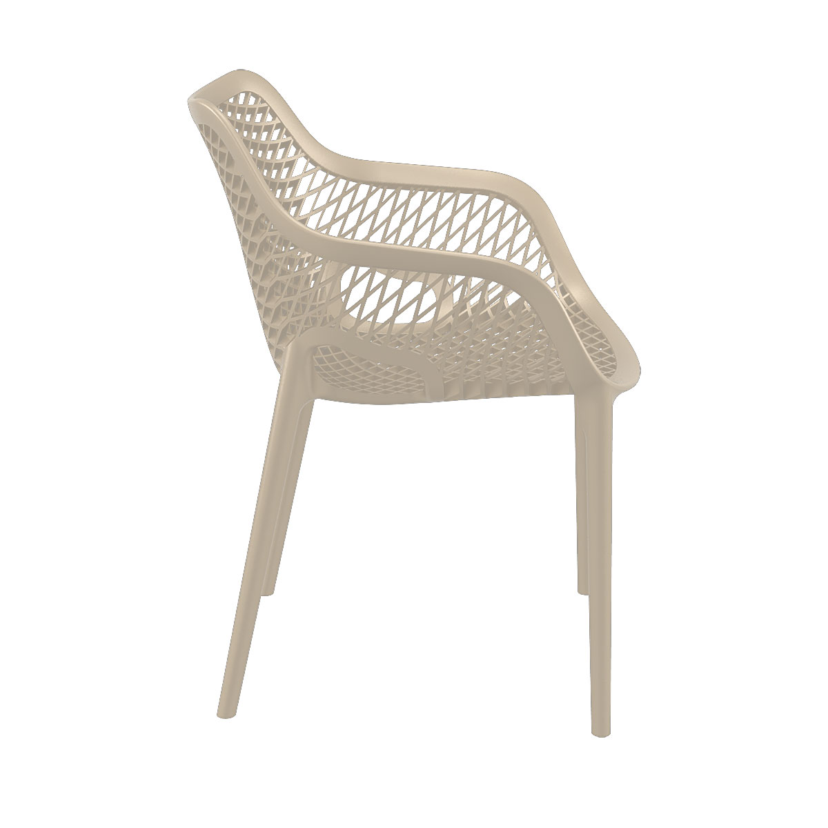 Profil latéral d'une chaise en plastique beige avec dossier et accoudoirs tissés.