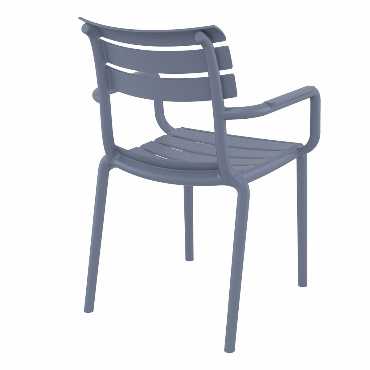 Chaise en plastique grise avec accoudoirs. Dossier à trois lattes horizontales.
