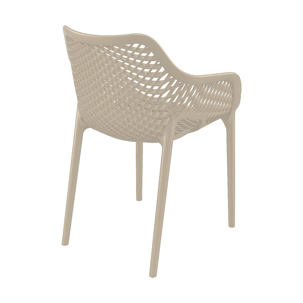 Dos d'une chaise beige. Elle a un design en maille et un dossier incurvé.