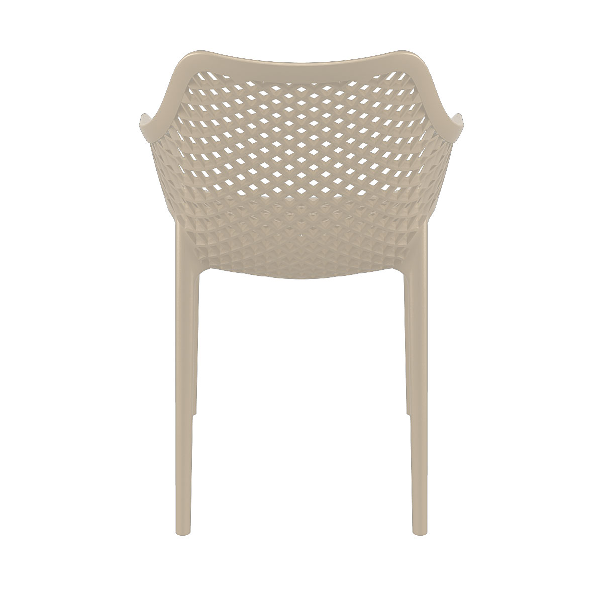 Dos d'une chaise beige. Elle a un design en maille.
