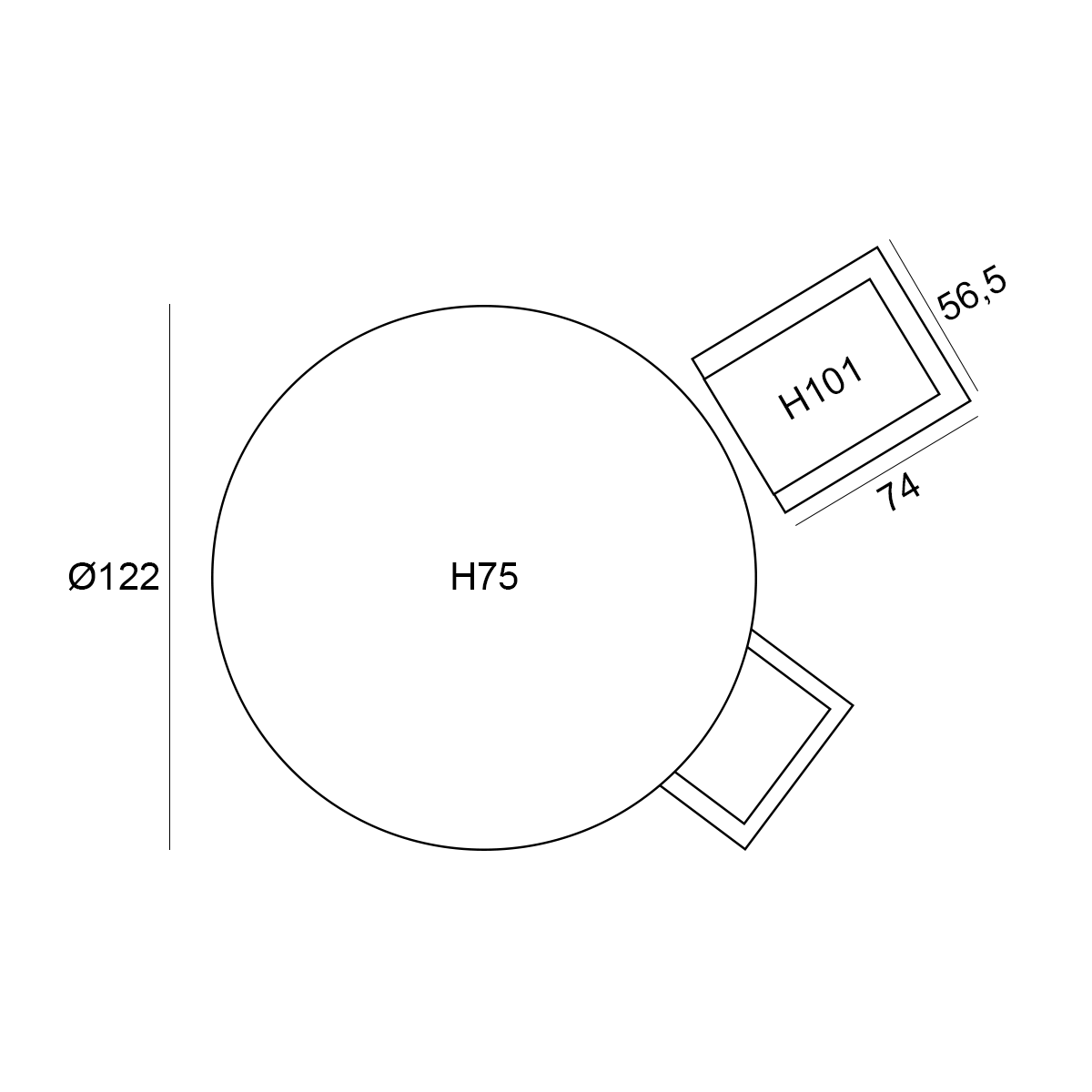 Diagram of a round table. Dimensions are labeled. H75, Ø122, 56.5, and 74 are measurements.