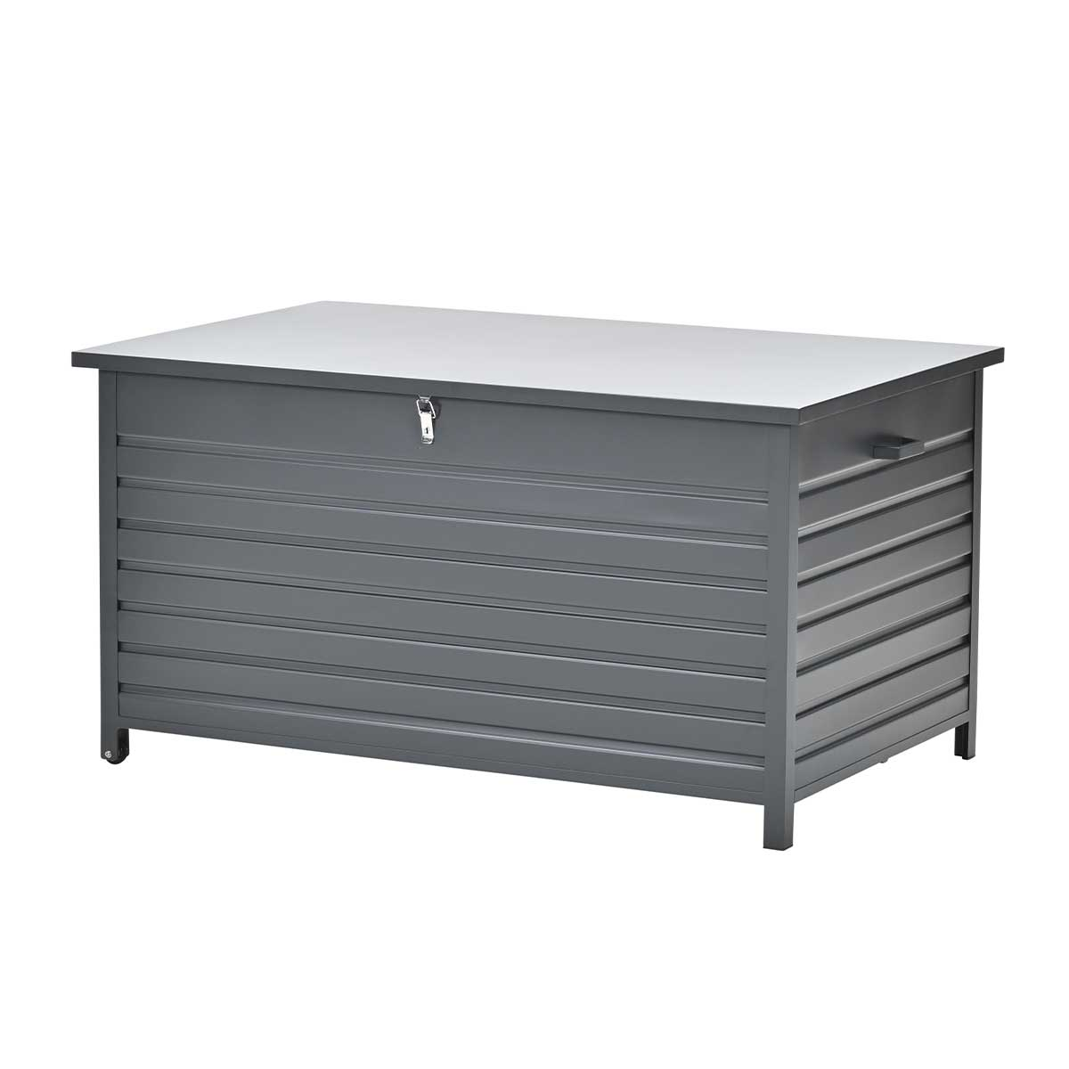 Coffre de rangement extérieur gris avec couvercle, poignée et serrure sur fond blanc.