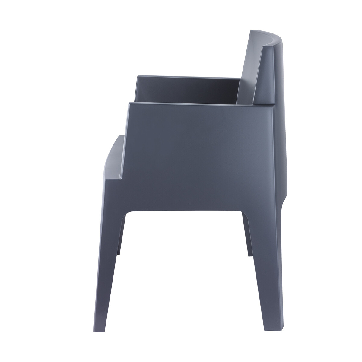 Side view of a gray plastic armchair with armrests, on a white background.