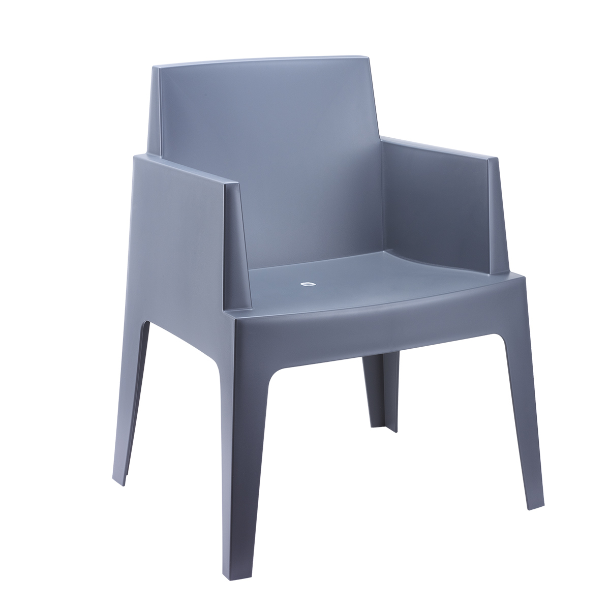 A gray plastic armchair with armrests, on a white background.