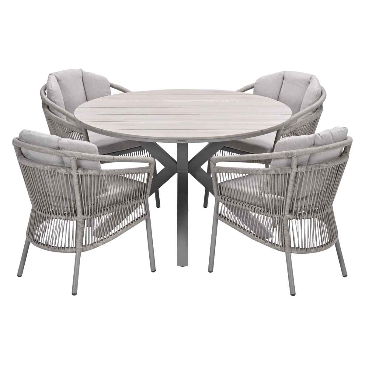 A round table with four chairs. Table is light wood, chairs are grey with cushions.