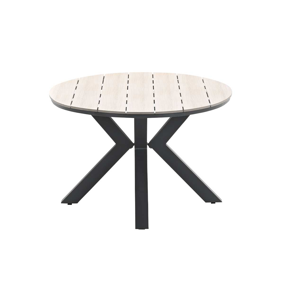 Round table with light wood top and black metal base.
