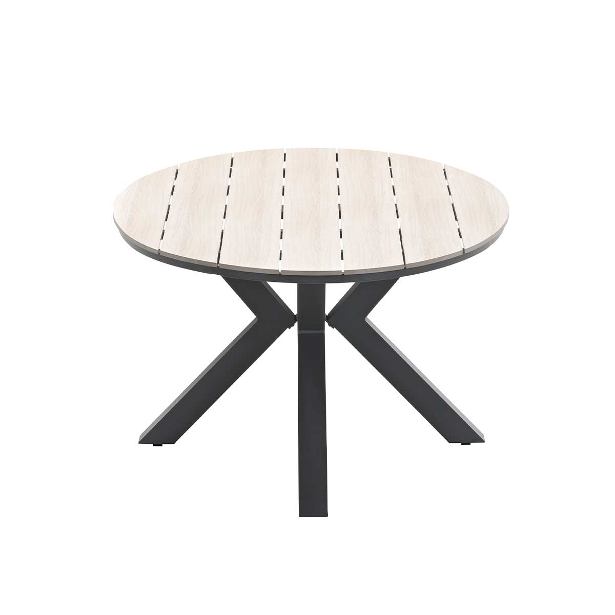 Round table with light wood top and black metal base.