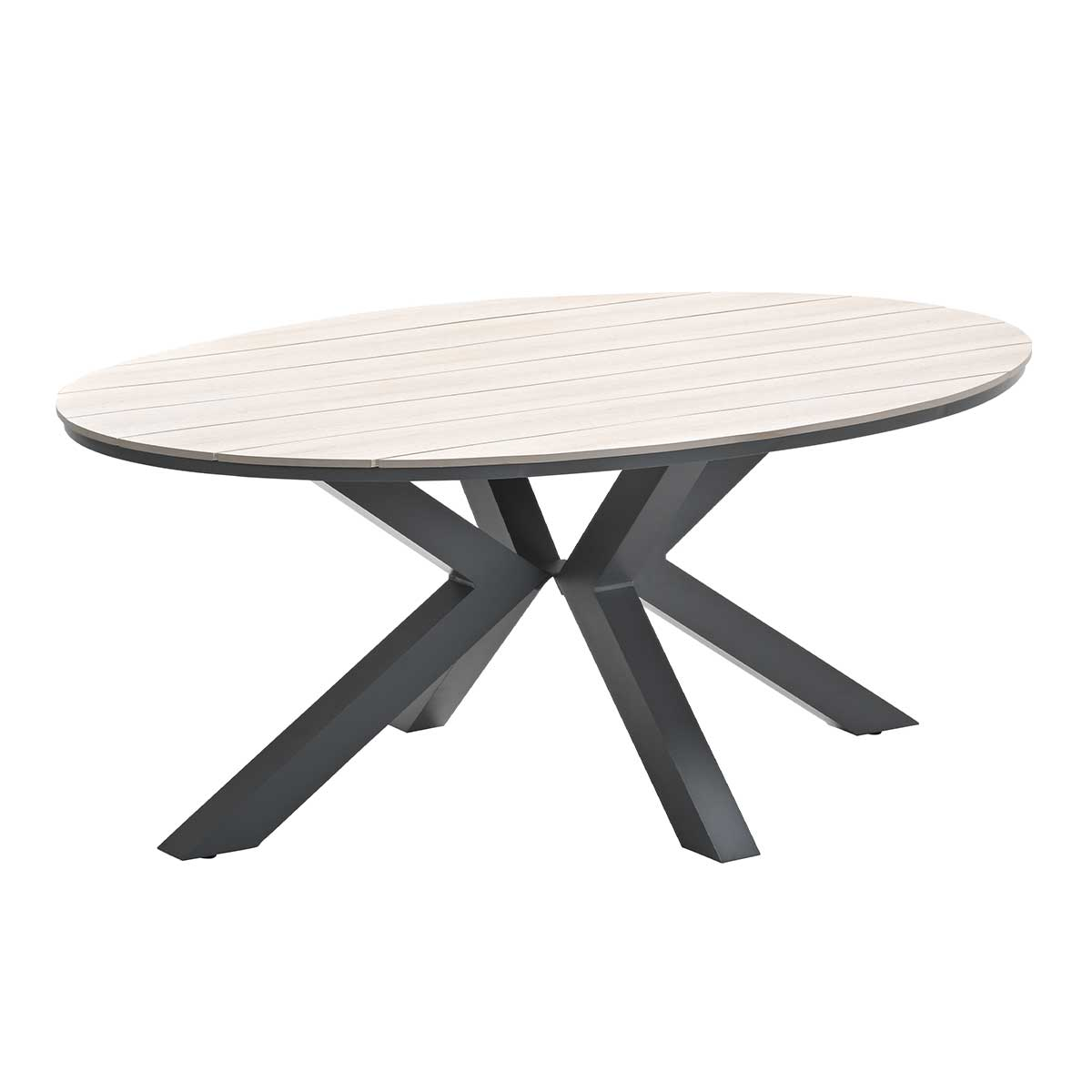 Oval table with light wood top and black metal base.