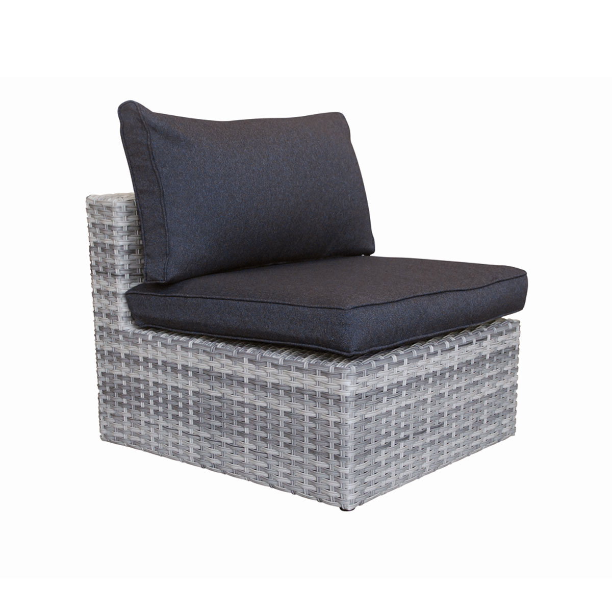 A single gray woven chair with a dark gray cushion and back cushion. Isolated on white.
