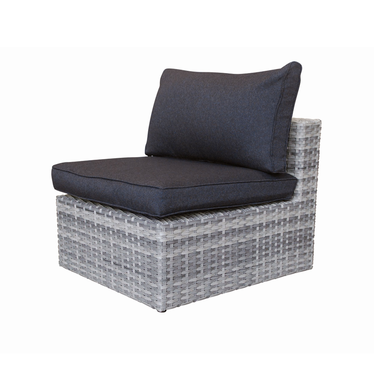 A single gray woven chair with a dark gray cushion and back cushion. Isolated on white.
