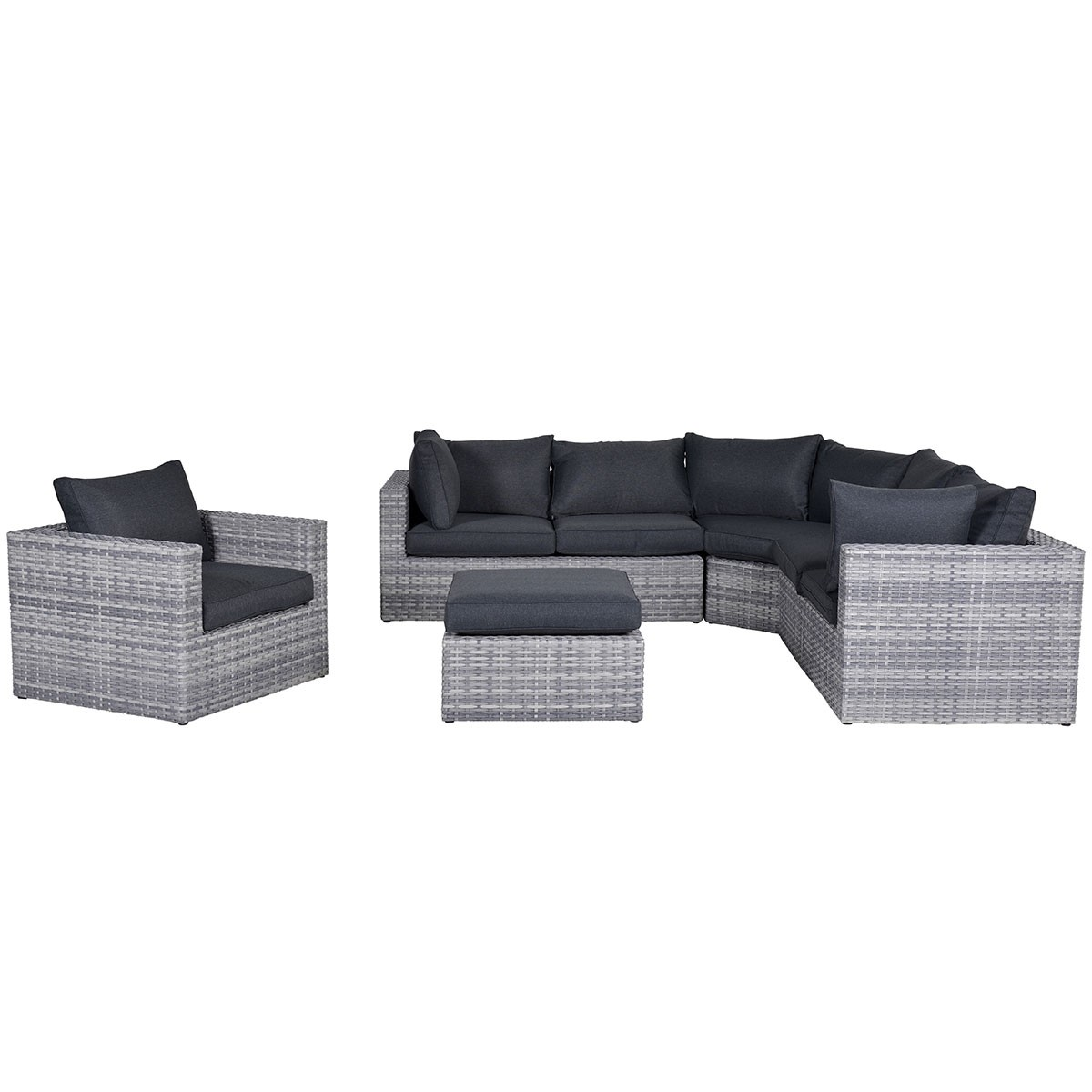 A gray outdoor sectional sofa with a gray ottoman. Isolated on white. Dark gray cushions.