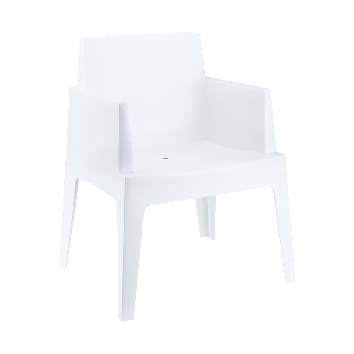 A white plastic armchair. Simple design with a rectangular seat and armrests.