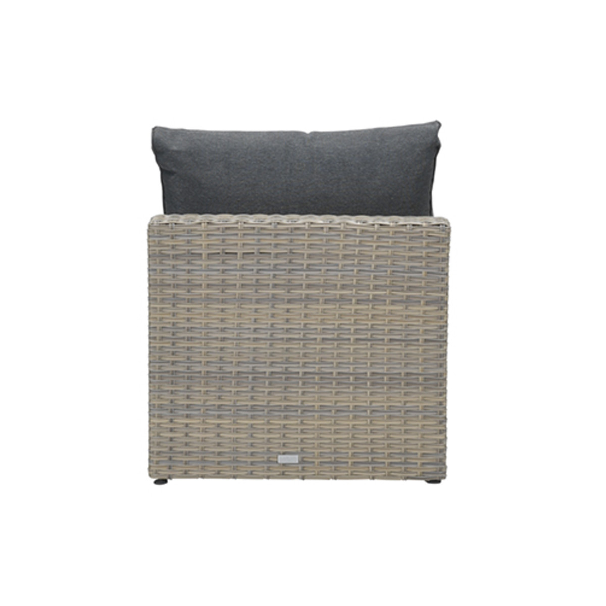 Top view of wicker chair module. Dark grey cushion. White background. Wicker design.