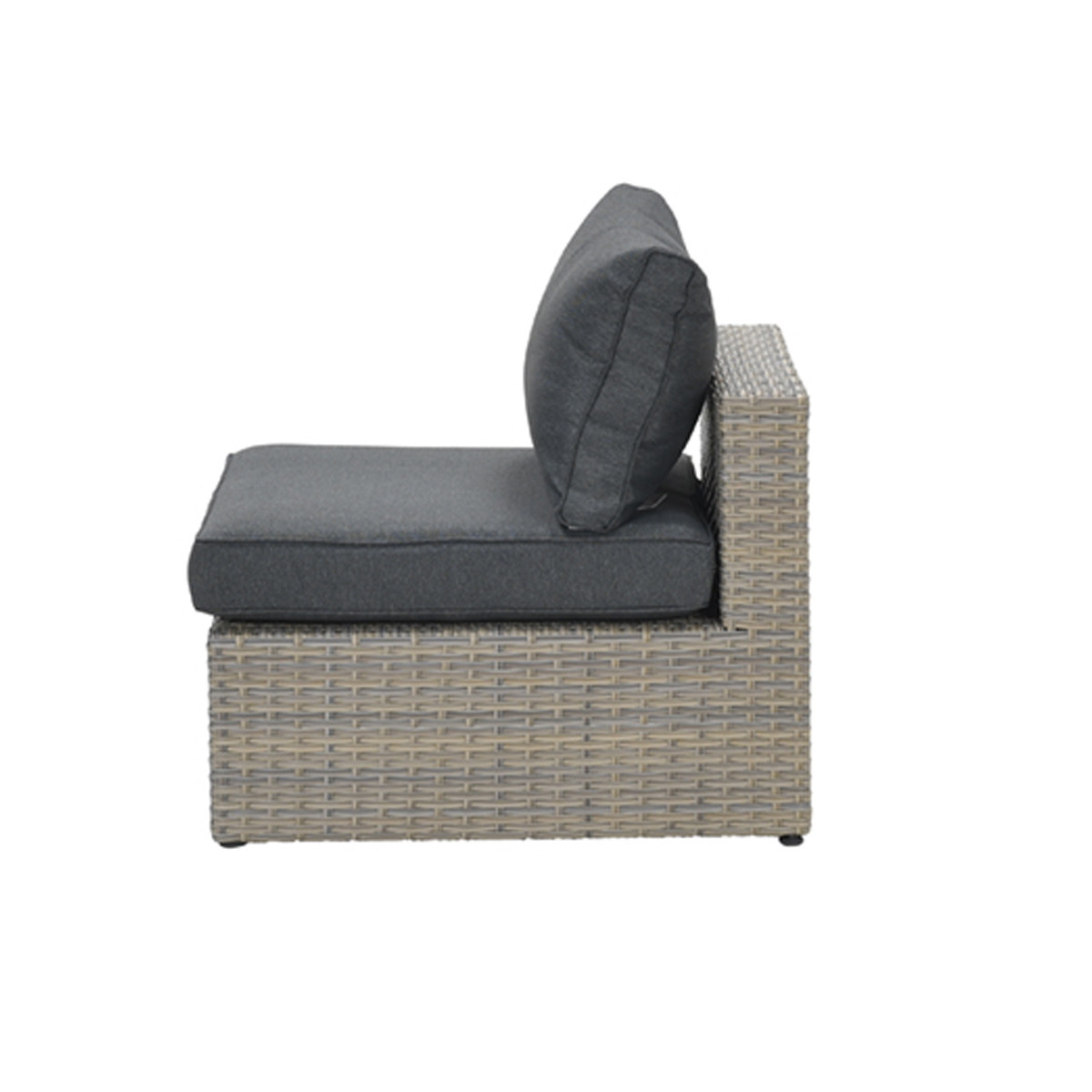 Gray wicker chair with a gray cushion and pillow, side view.