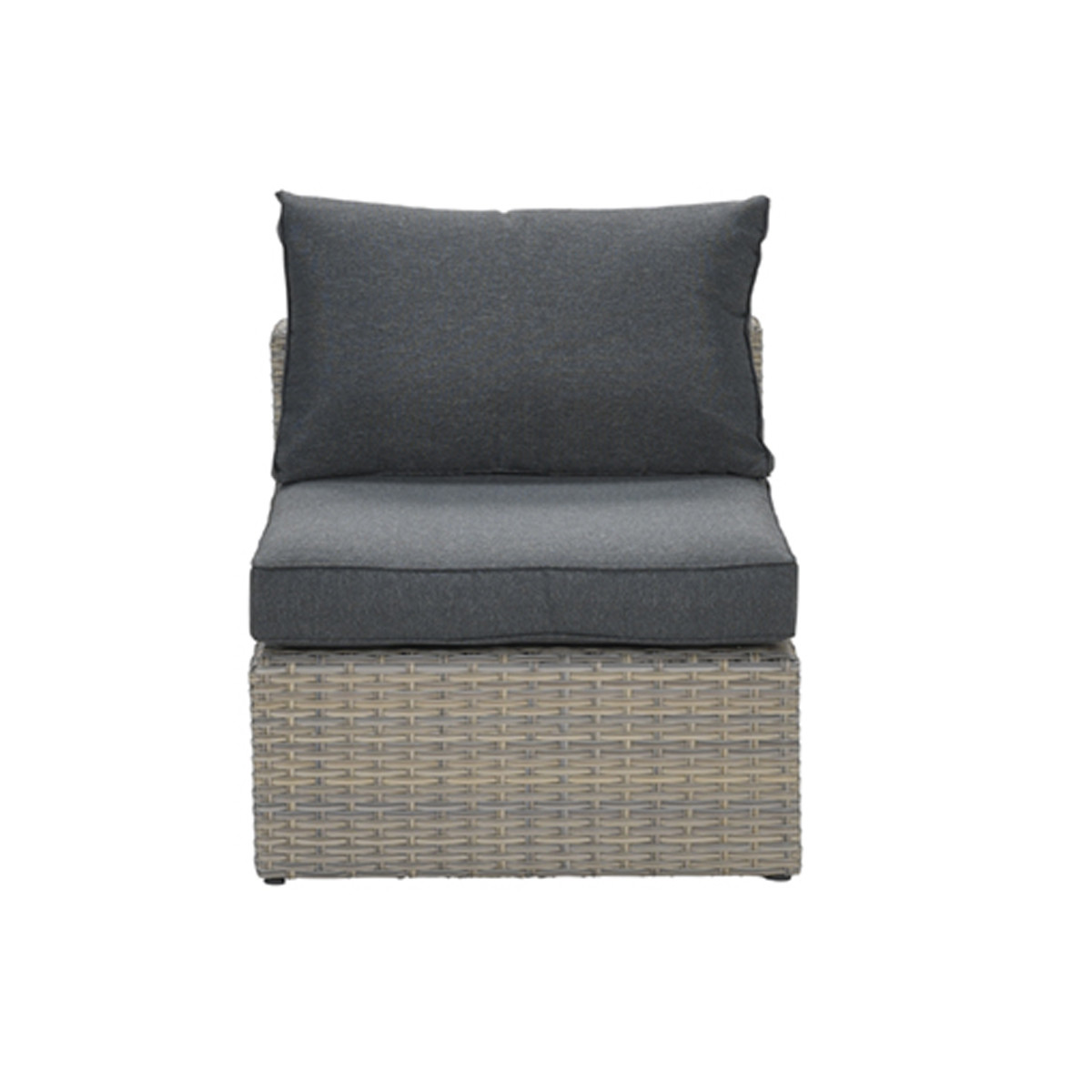 A gray wicker chair with a gray cushion and pillow.