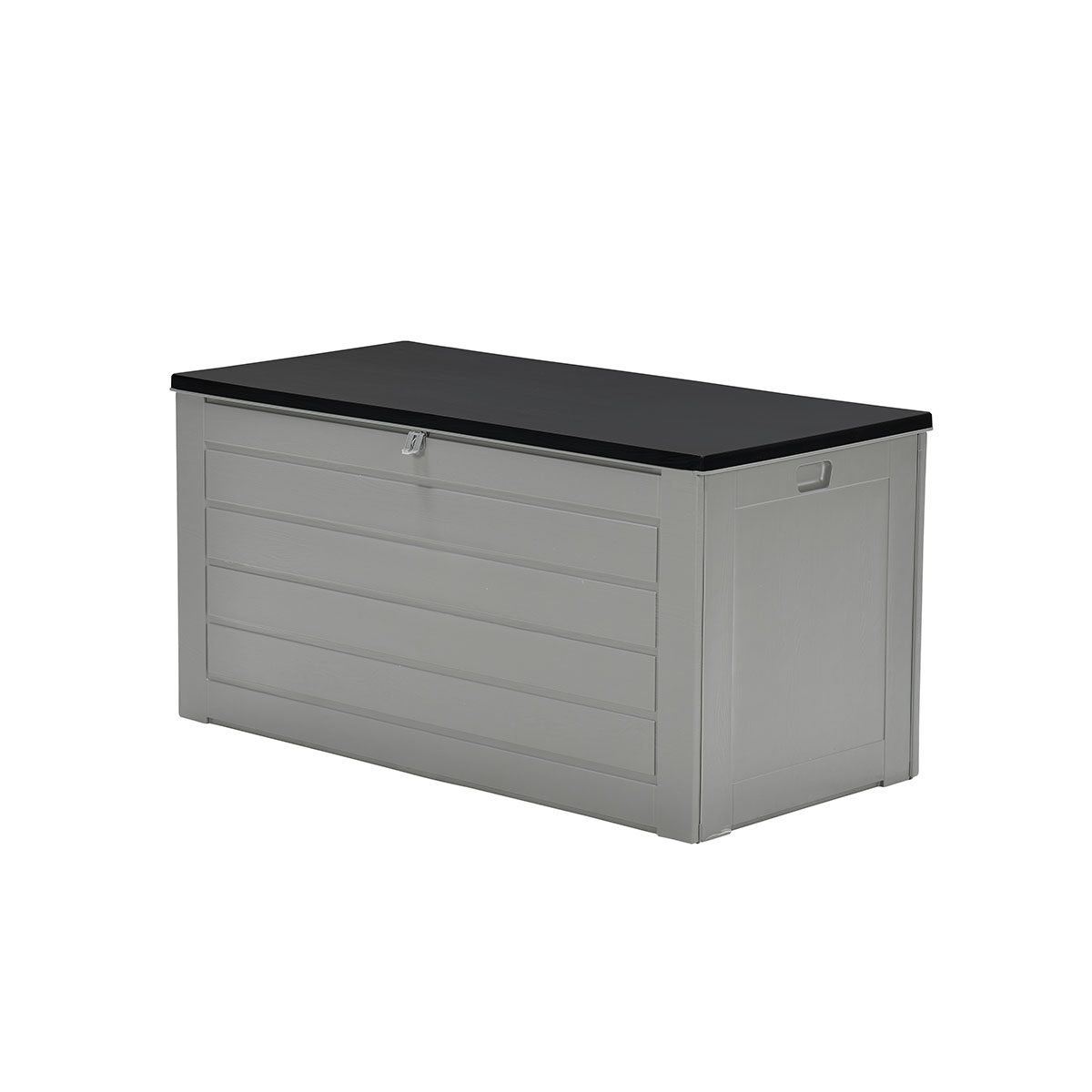 Grijze opbergkist met zwart deksel. Horizontaal houten paneelontwerp. Handvat aan de zijkant.