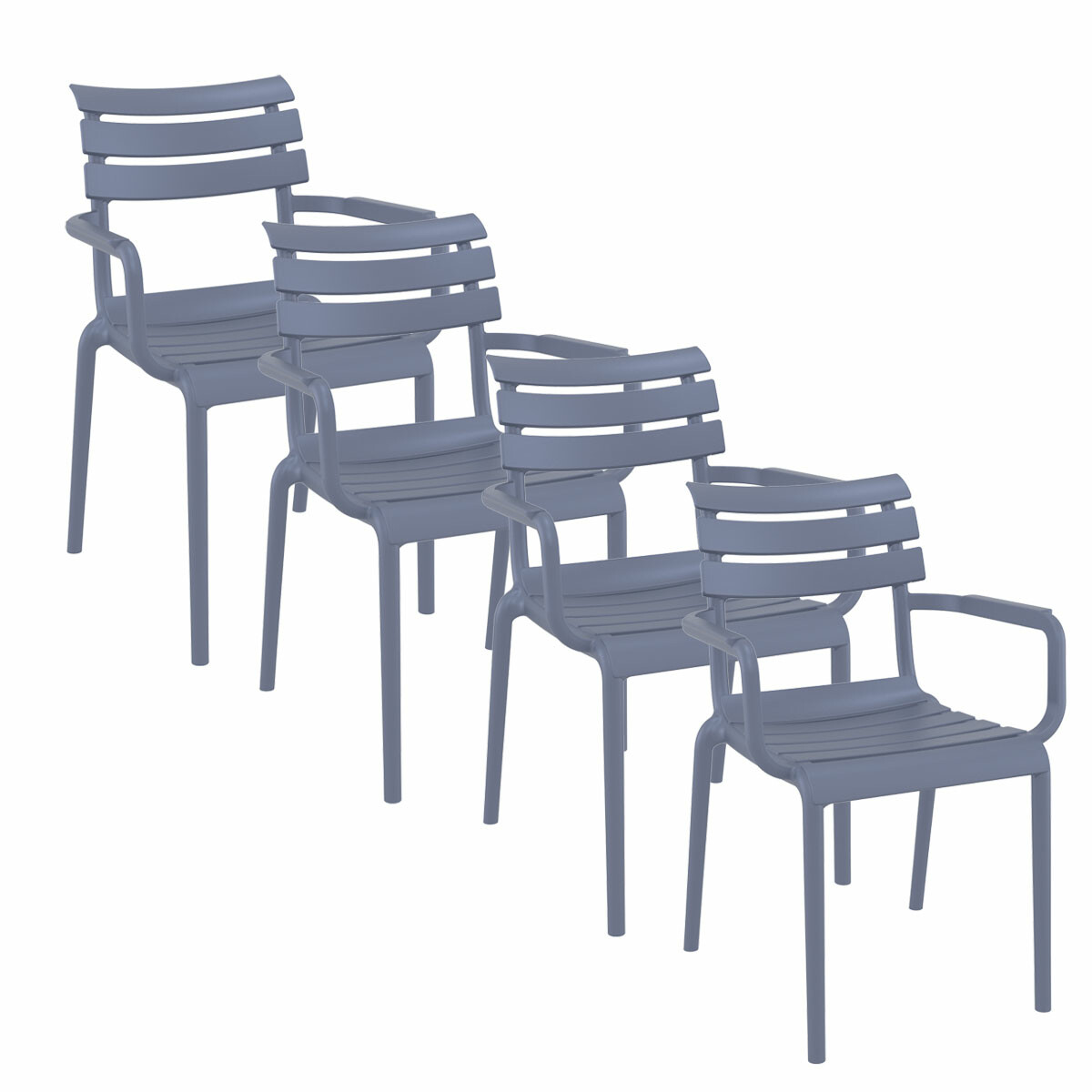 Quatre chaises en plastique grises. Design de dossier à lattes. Bras simples. Diagonale, blanc.