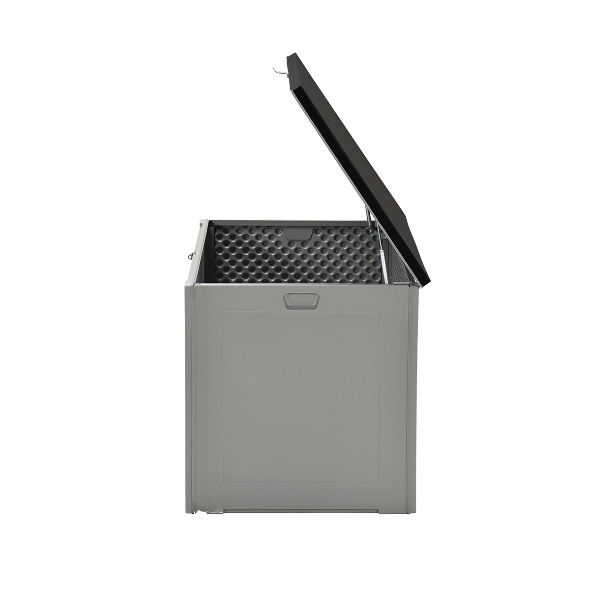 Een grijze opbergdoos met het deksel open.