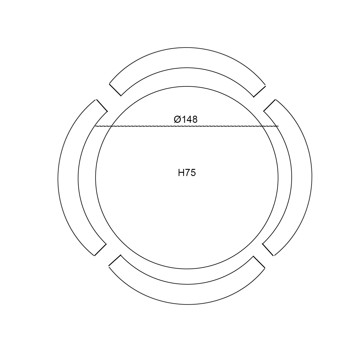 Top-down view of a circular table design. Shows dimensions and shapes. White background.
